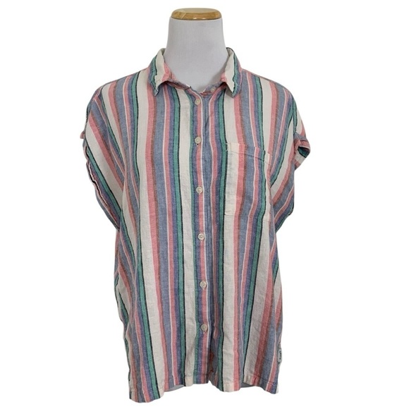 Orvis Linen Rayon Striped Cap Sleeve Button Front Shirt Women’s Size Large - Picture 1 of 17